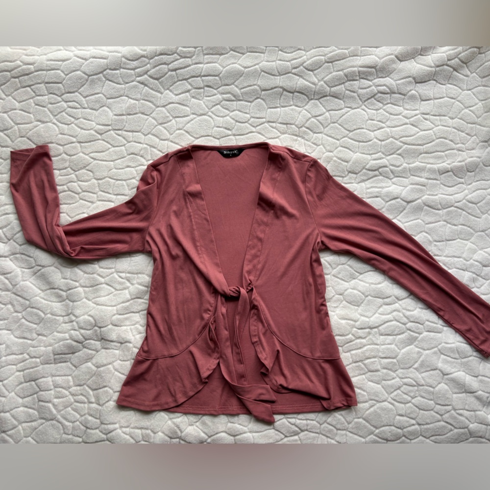 Women's Tie Front Knit Ruffled Long Sleeve Open Cardigan - Picture 5 of 13